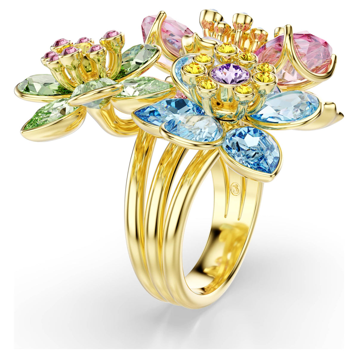 Swarovski Idyllia ring featuring a flower motif with multicolored mixed-cut accents and an 18K gold finish
