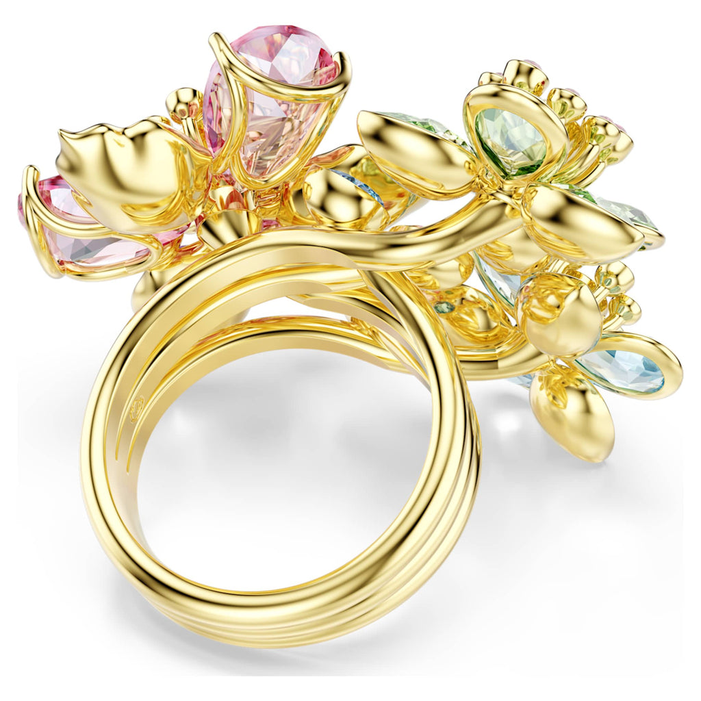 Swarovski Idyllia ring featuring a flower motif with multicolored mixed-cut accents and an 18K gold finish