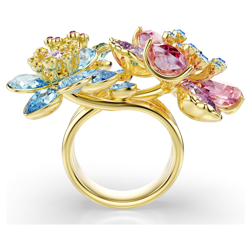 Swarovski Idyllia ring featuring a flower motif with multicolored mixed-cut accents and an 18K gold finish