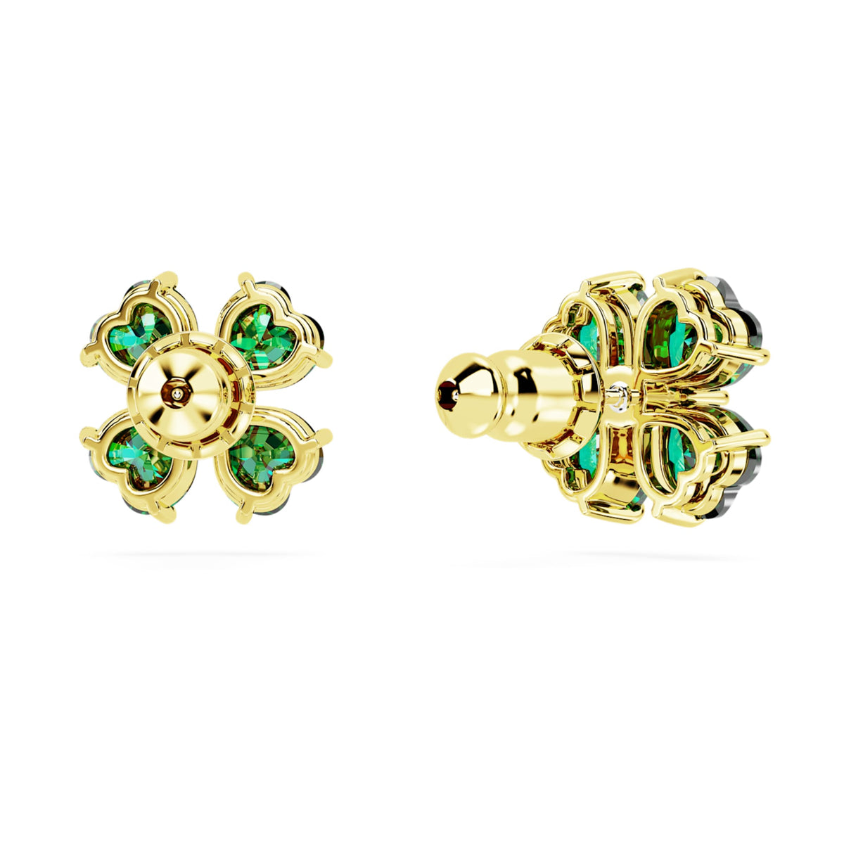 Swarovski Idyllia stud earrings featuring a clover motif with green accents and an 18K gold finish