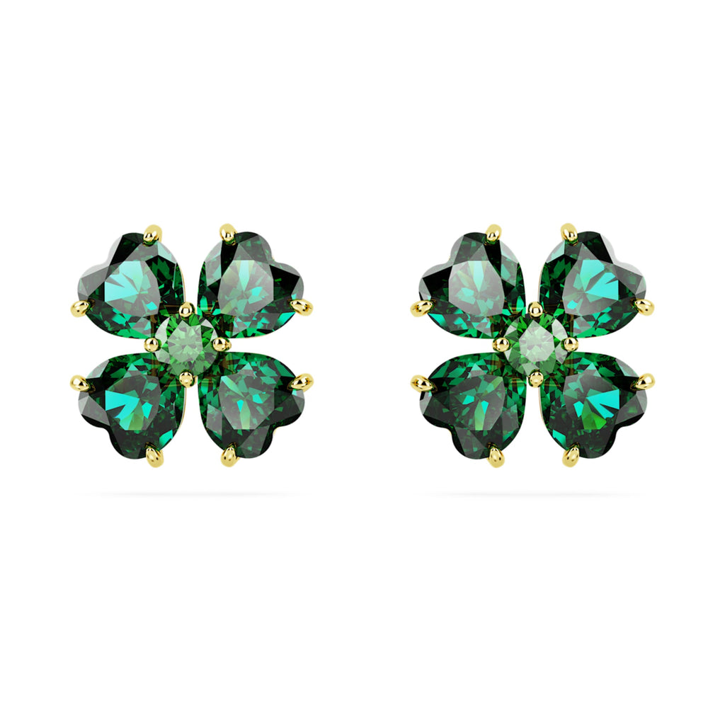 Swarovski Idyllia stud earrings featuring a clover motif with green accents and an 18K gold finish