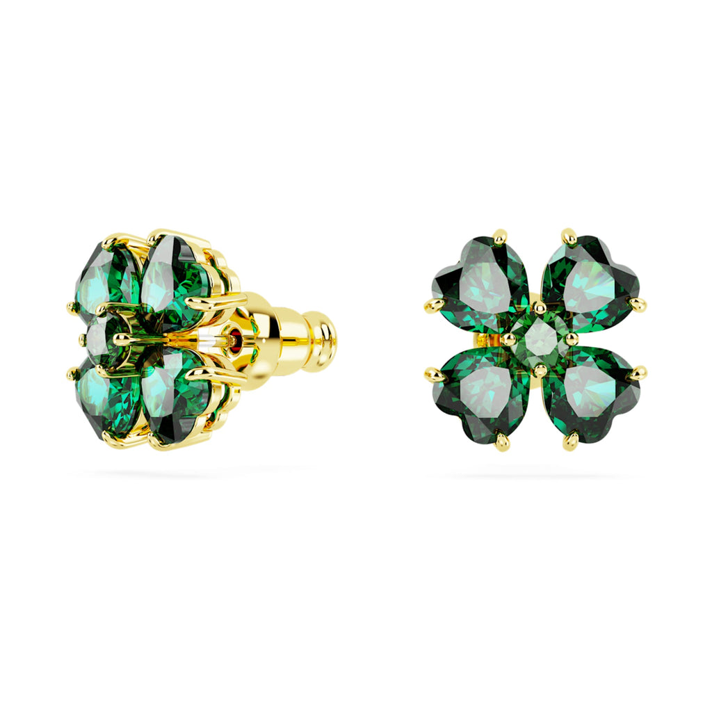 Swarovski Idyllia stud earrings featuring a clover motif with green accents and an 18K gold finish