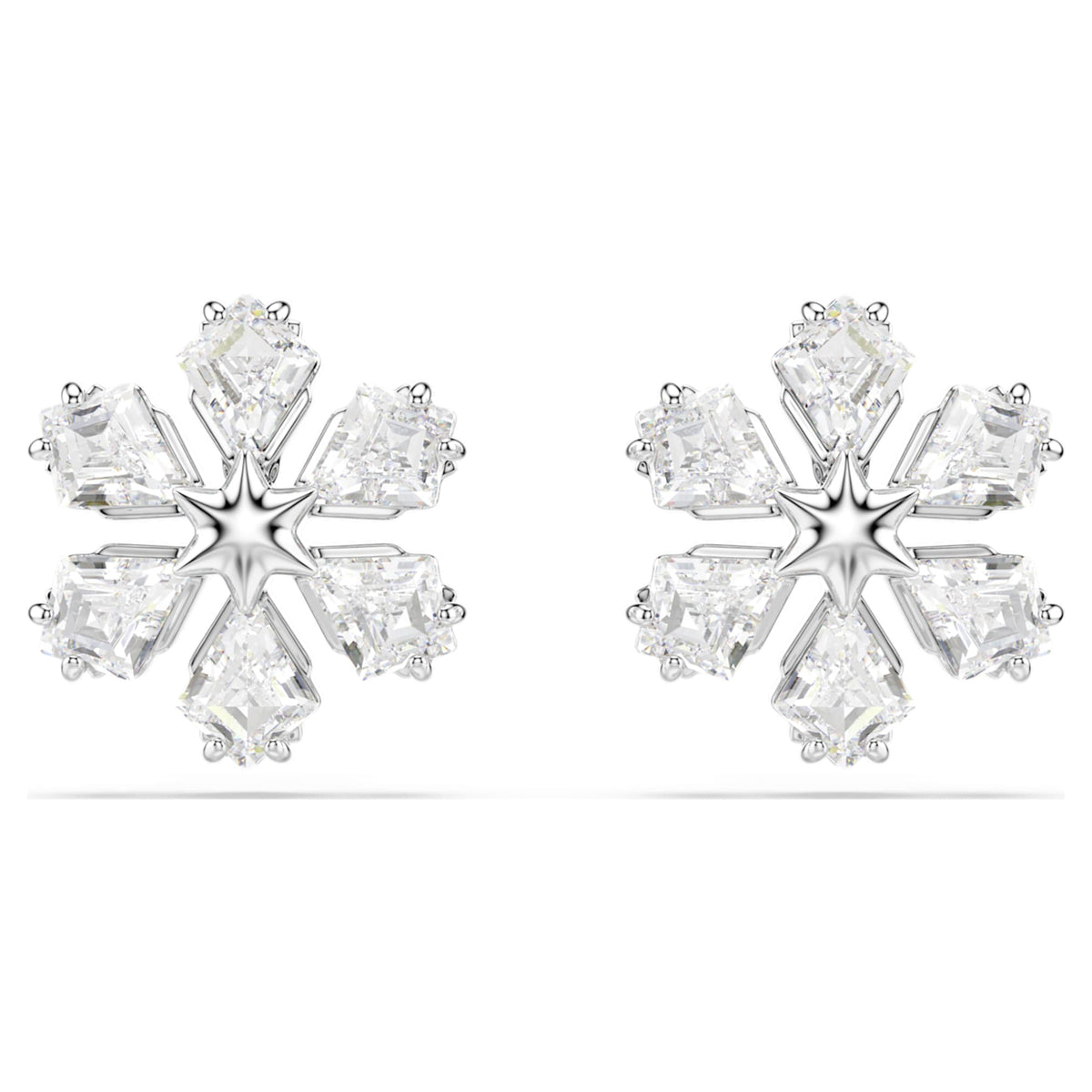 Swarovski Idyllia stud earrings Mixed cuts, Snowflake, White, Rhodium plated