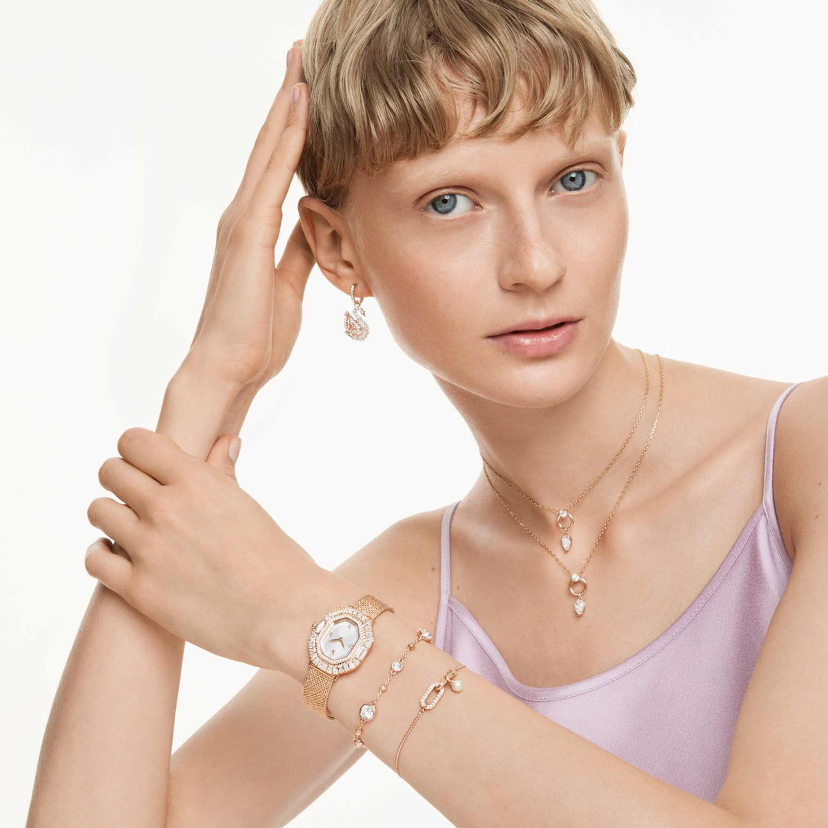Swarovski Imber bracelet with white round-cut accents and an 18K rose gold finish