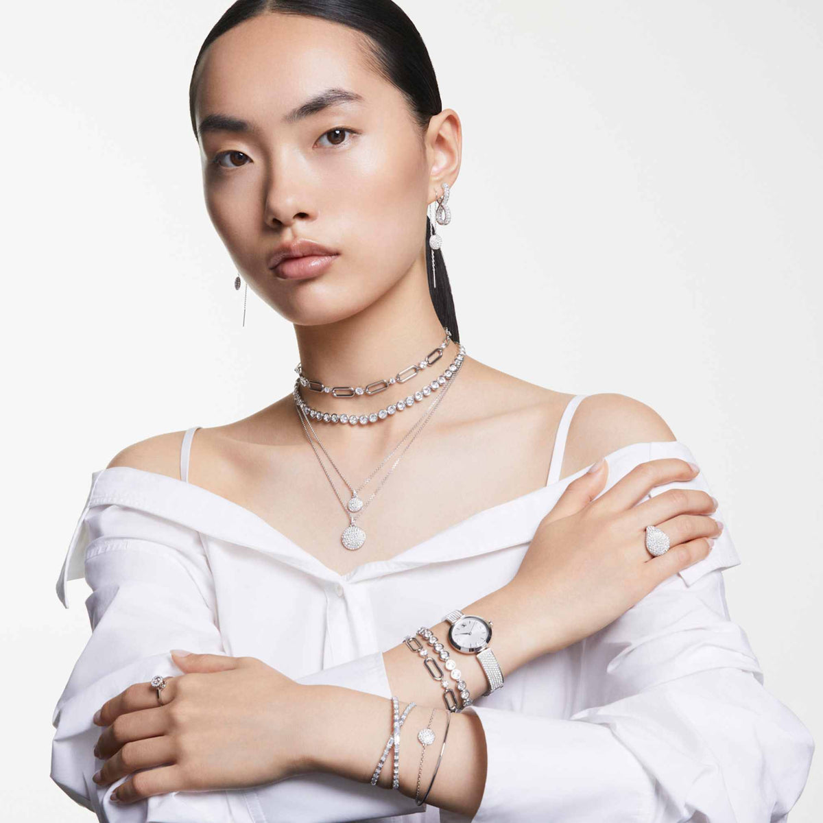 Swarovski Imber Tennis bracelet with white round-cut accents and rhodium plating