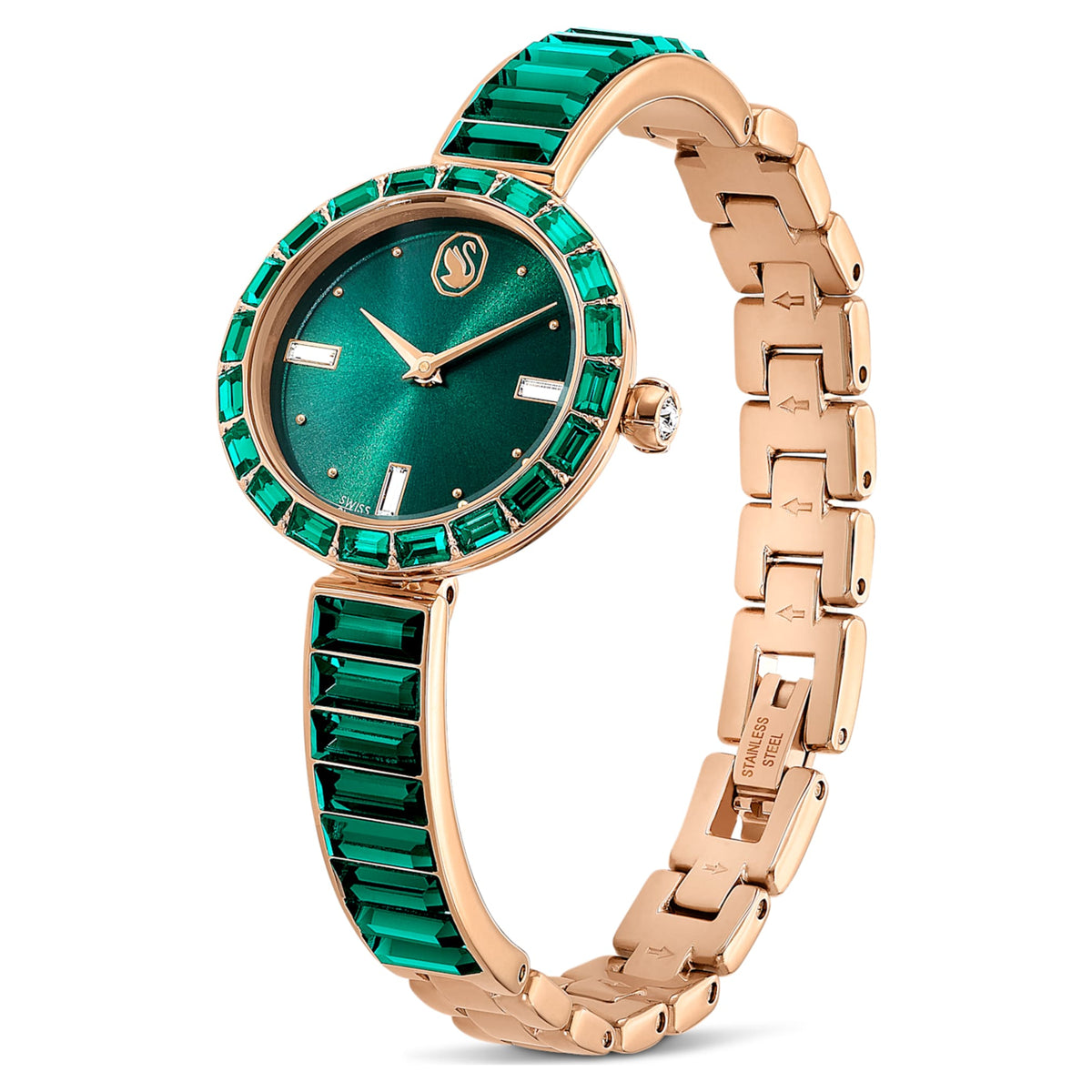 Swarovski Matrix bangle watch Swiss Made, Crystal bracelet, Green, Champagne gold-tone finish