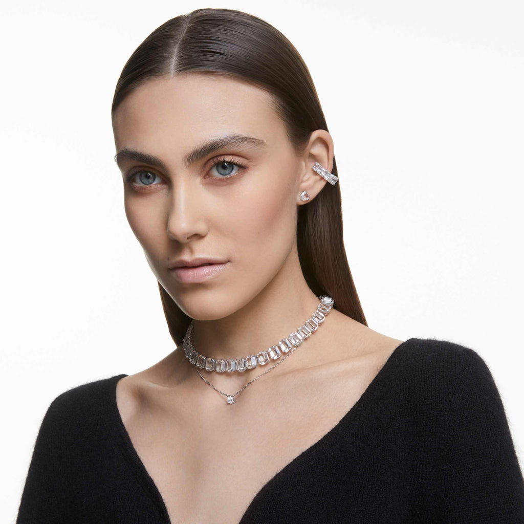 Swarovski Matrix clip earrings with white square-cut accents and rhodium plating