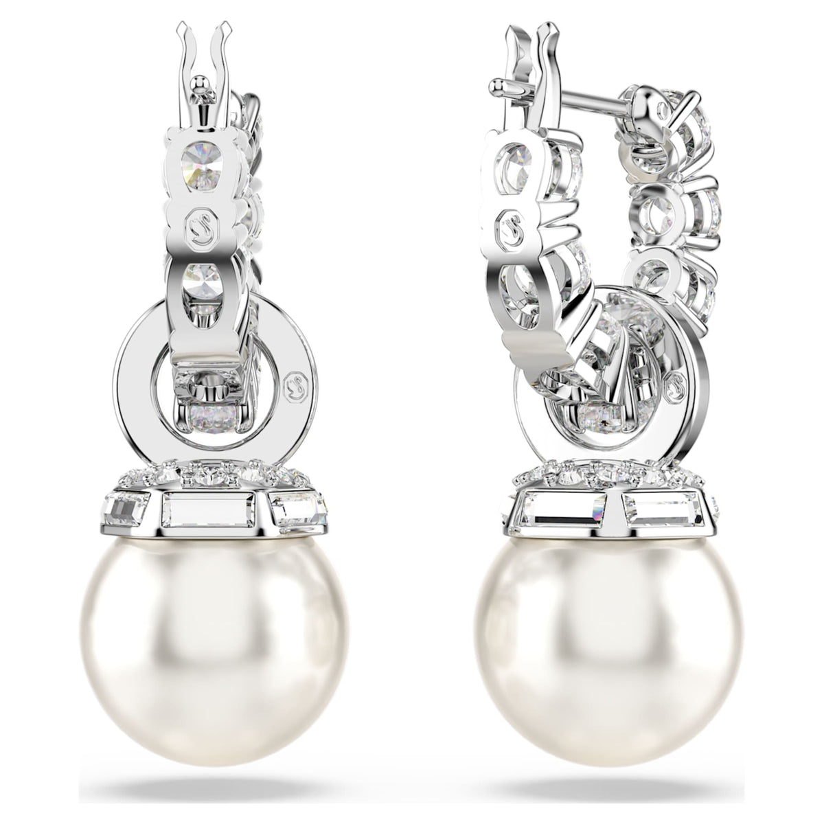 Swarovski Matrix drop earrings Crystal pearl, Round cut, White, Rhodium plated