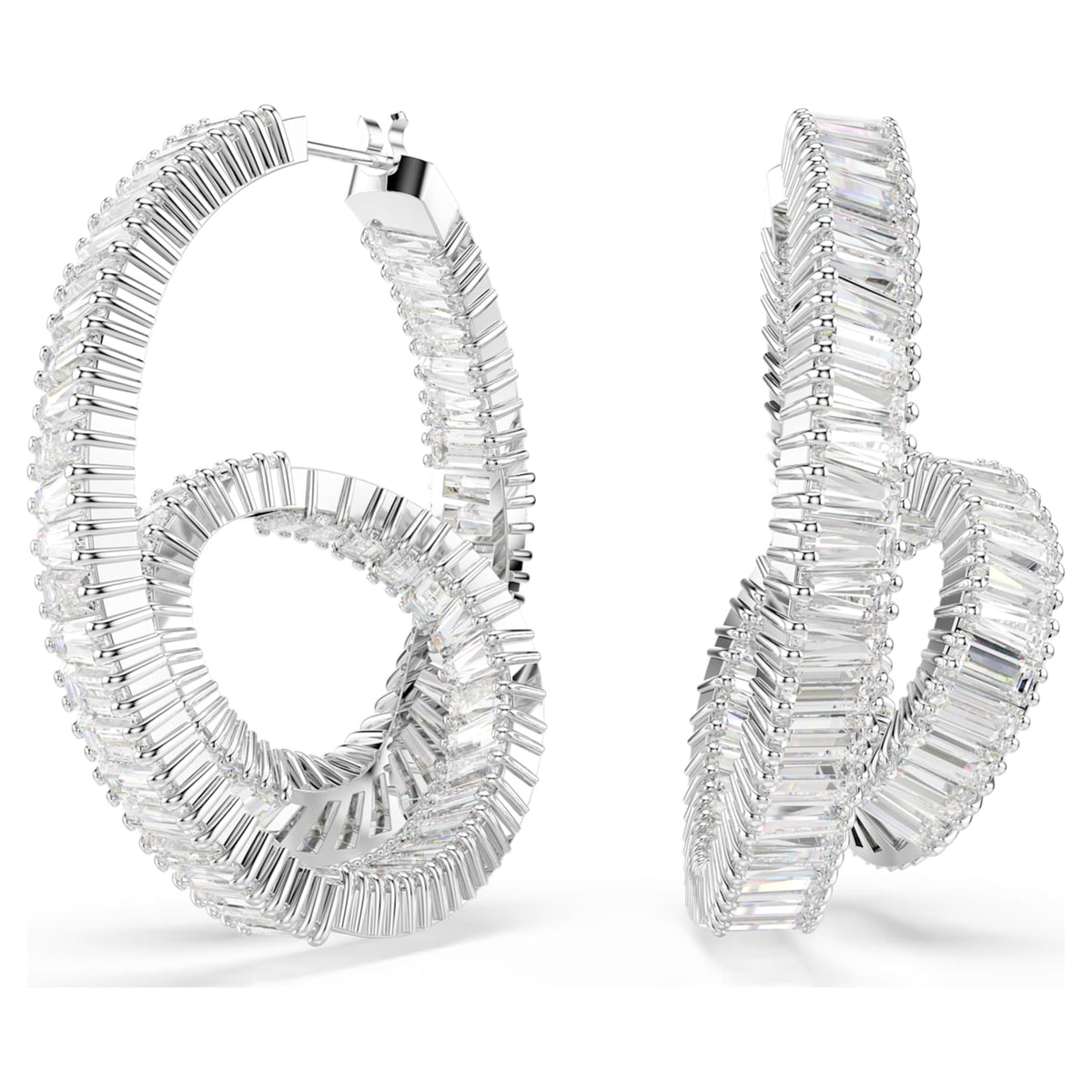 Swarovski Matrix hoop earrings Baguette cut, Ribbon, White, Rhodium plated