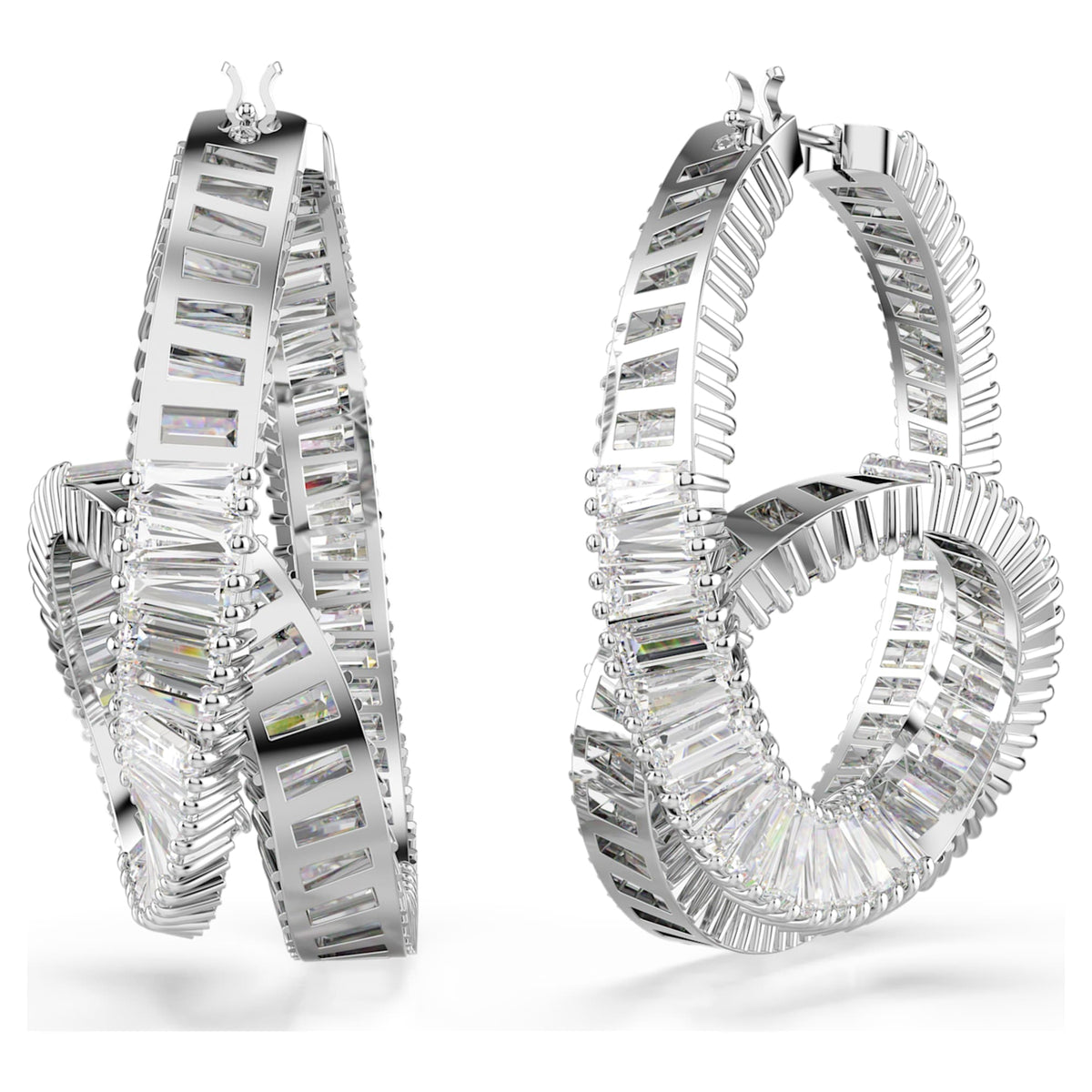 Swarovski Matrix hoop earrings Baguette cut, Ribbon, White, Rhodium plated