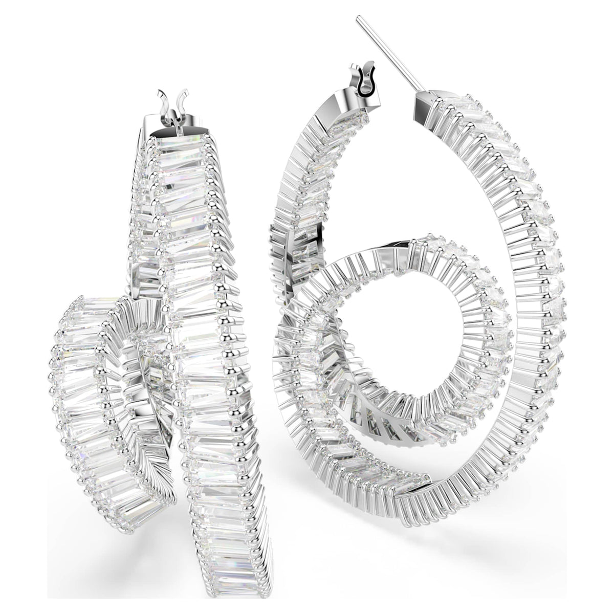 Swarovski Matrix hoop earrings Baguette cut, Ribbon, White, Rhodium plated