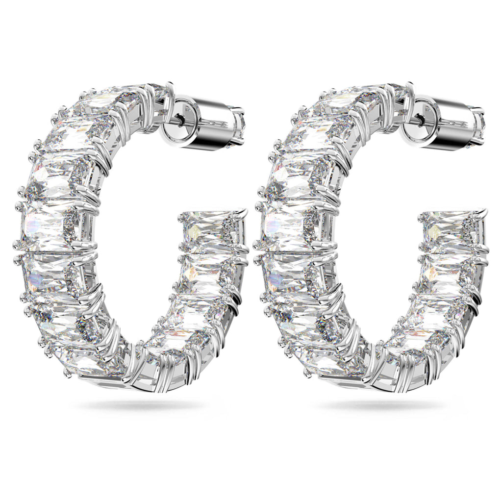 Swarovski Matrix hoop earrings with white octagon-cut accents and rhodium plating