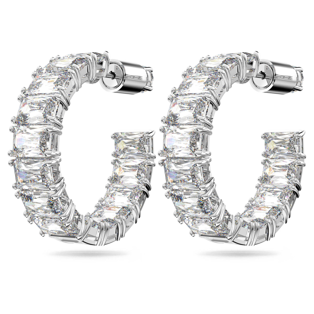 Swarovski Matrix hoop earrings with white octagon-cut accents and rhodium plating