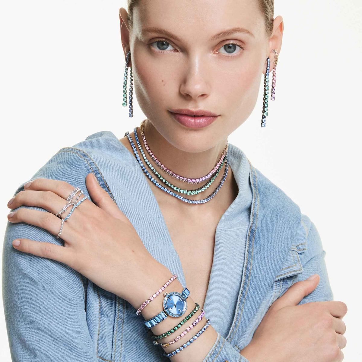 Swarovski Matrix necklace Gradient of round cuts, Multicolored, Rhodium plated