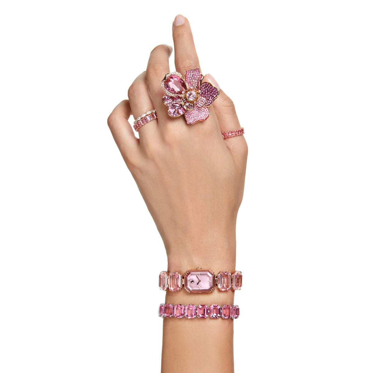 Swarovski Matrix ring with pink baguette-cut accents and an 18K rose gold finish