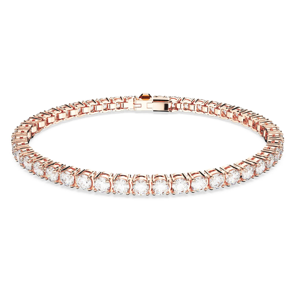 Swarovski Matrix Tennis bracelet with white round-cut accents and an 18K rose gold finish