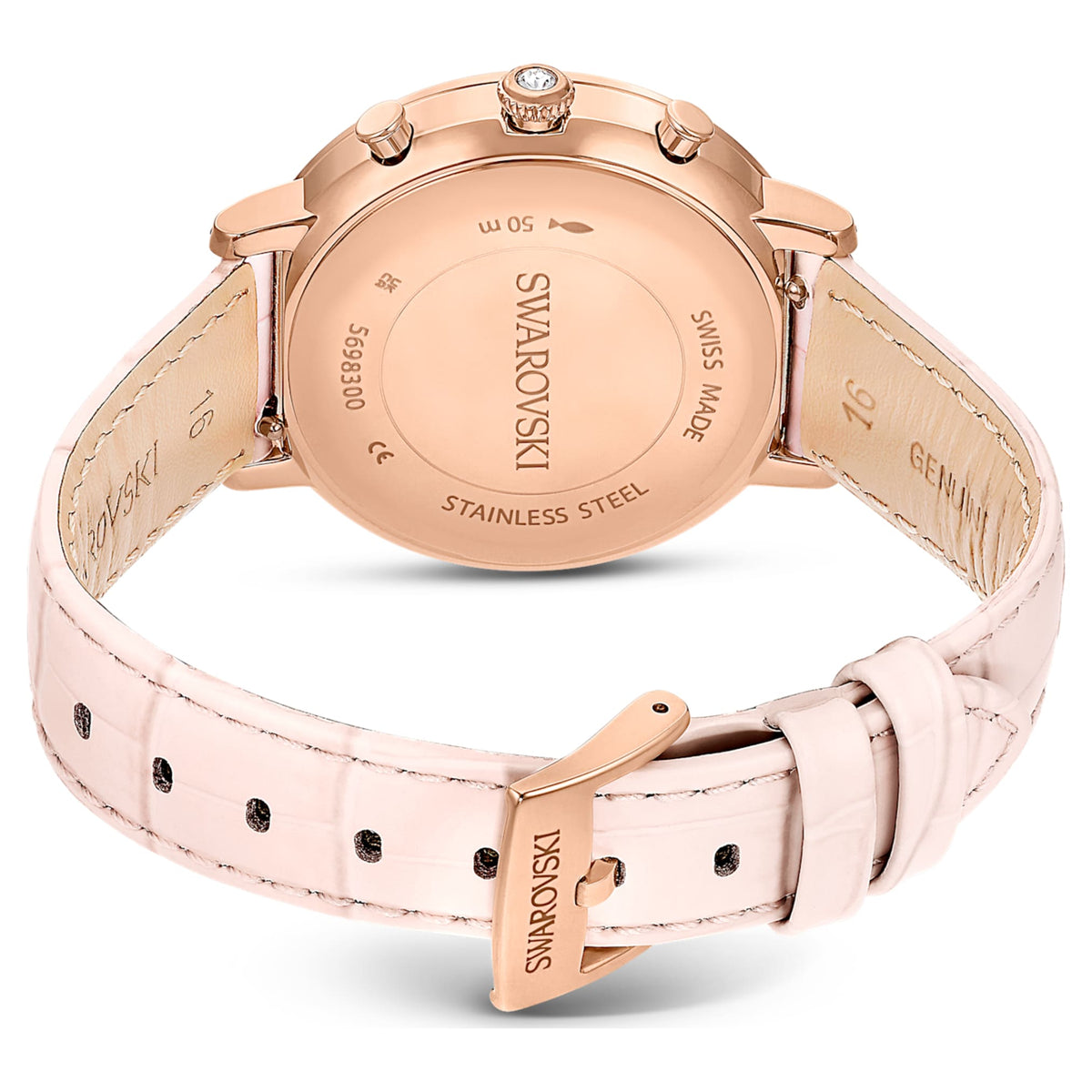 Swarovski Matrix tennis chrono watch Swiss Made, Leather strap, Pink, Rose gold-tone finish