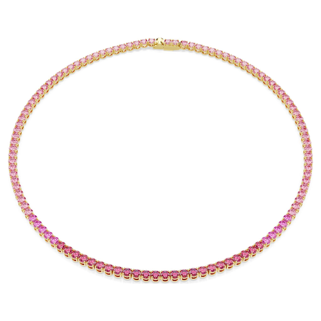 Swarovski Matrix Tennis necklace with pink round-cut accents and an 18K gold finish