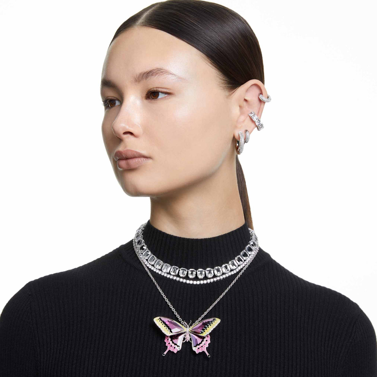 Swarovski Matrix Tennis necklace with white round-cut accents and rhodium plating