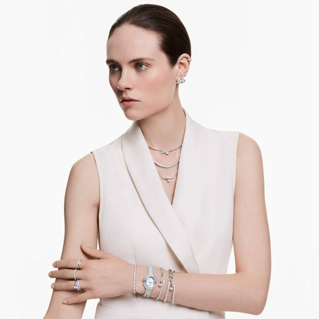 Swarovski Matrix Tennis necklace with white round-cut accents and rhodium plating