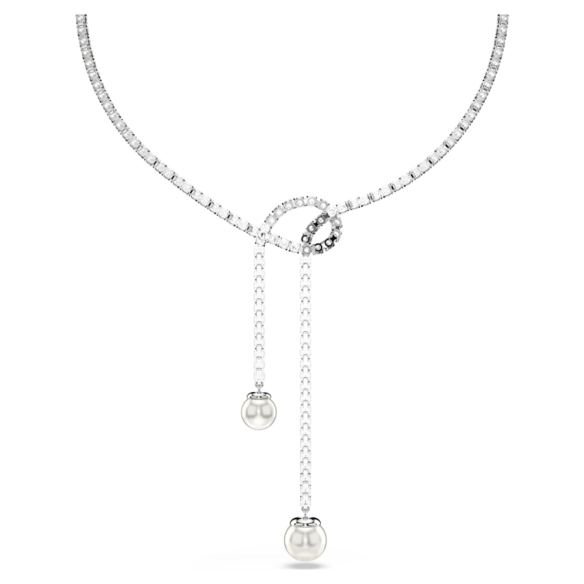 Swarovski Matrix Y necklace Crystal pearl, Round cut, White, Rhodium plated