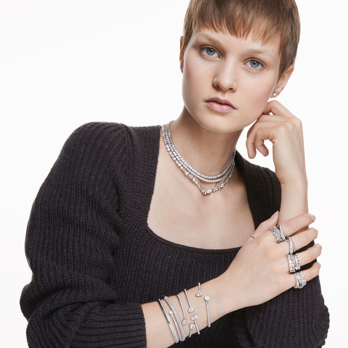 Swarovski Mesmera cuff with white mixed-cut accents and rhodium plating