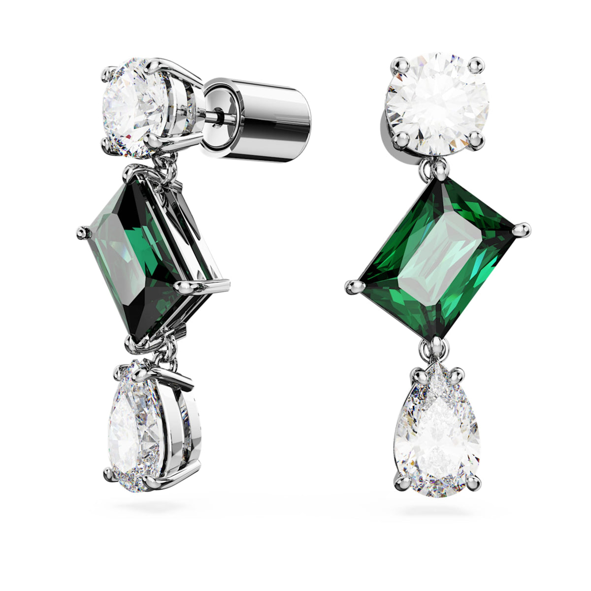 Swarovski Mesmera drop earrings with green mixed-cut accents and rhodium plating