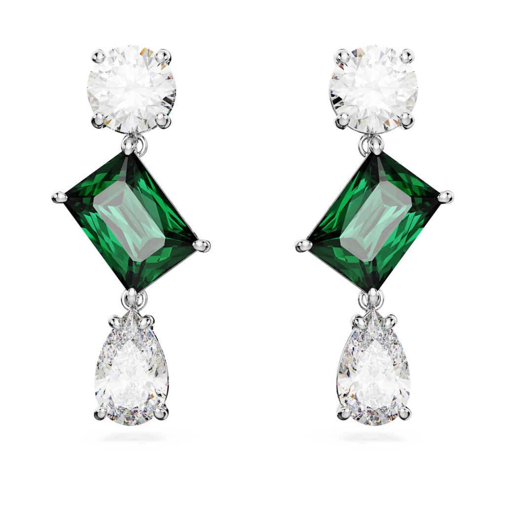 Swarovski Mesmera drop earrings with green mixed-cut accents and rhodium plating