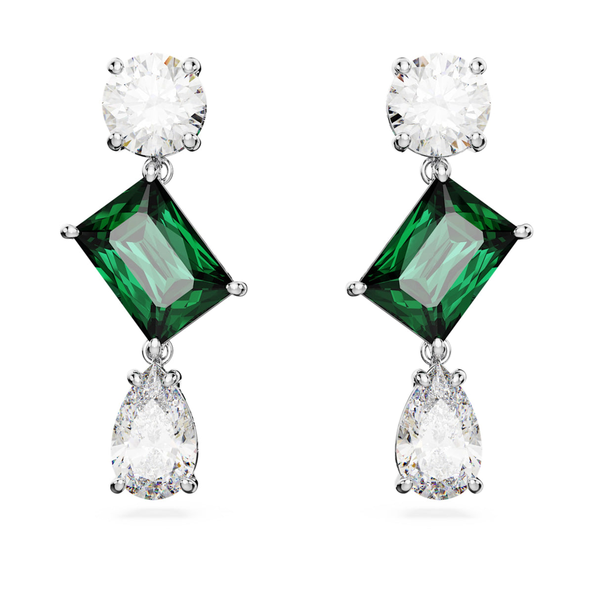 Swarovski Mesmera drop earrings with green mixed-cut accents and rhodium plating