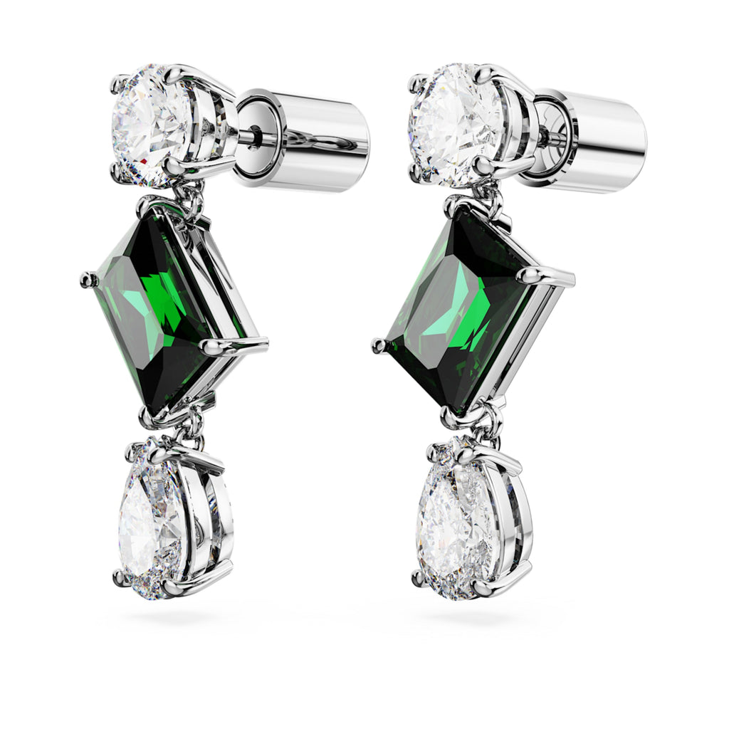 Swarovski Mesmera drop earrings with green mixed-cut accents and rhodium plating