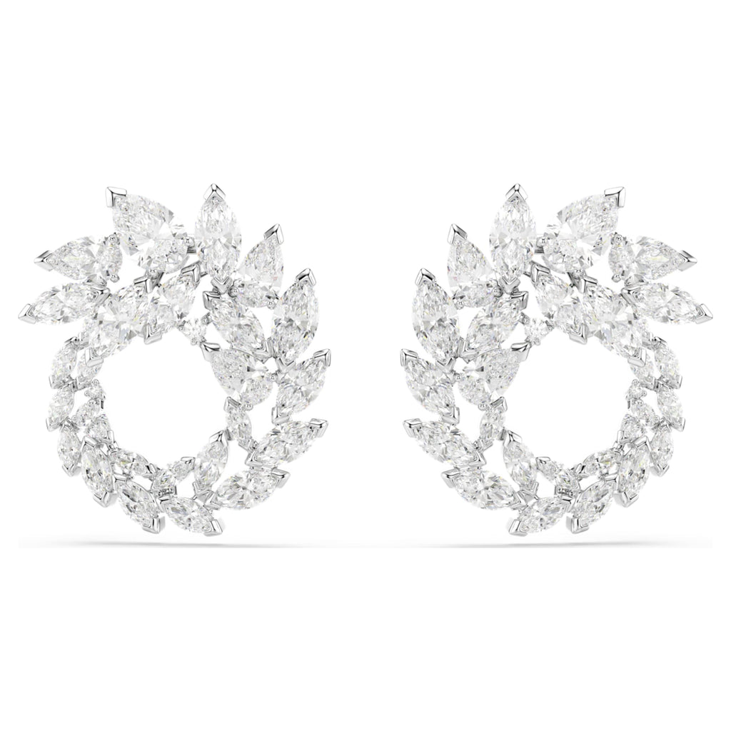 Swarovski Mesmera hoop earrings with white marquise-cut accents and rhodium plating