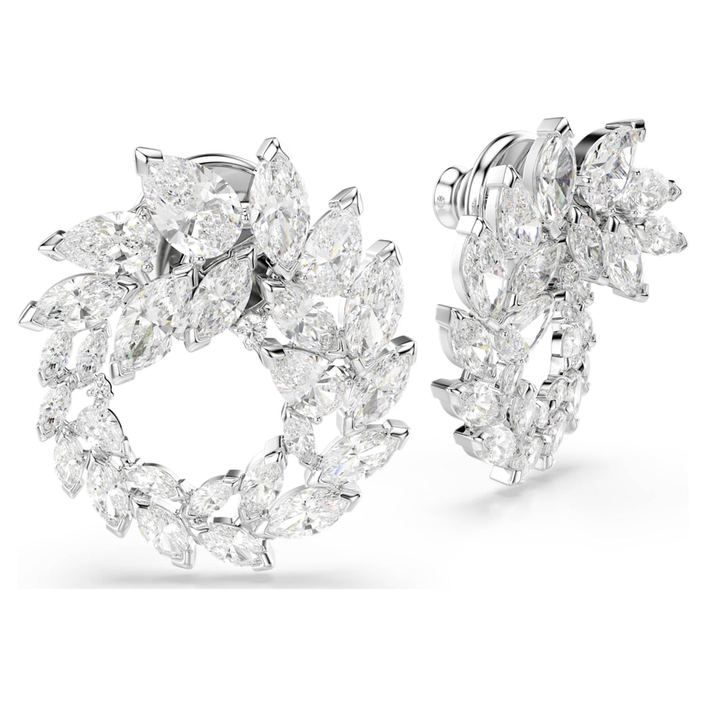 Swarovski Mesmera hoop earrings with white marquise-cut accents and rhodium plating
