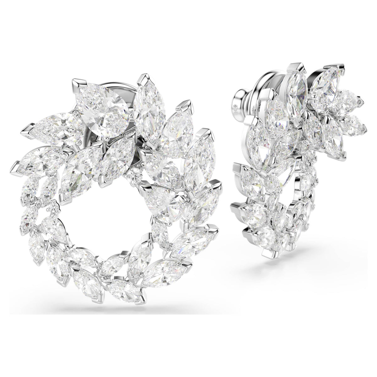 Swarovski Mesmera hoop earrings with white marquise-cut accents and rhodium plating