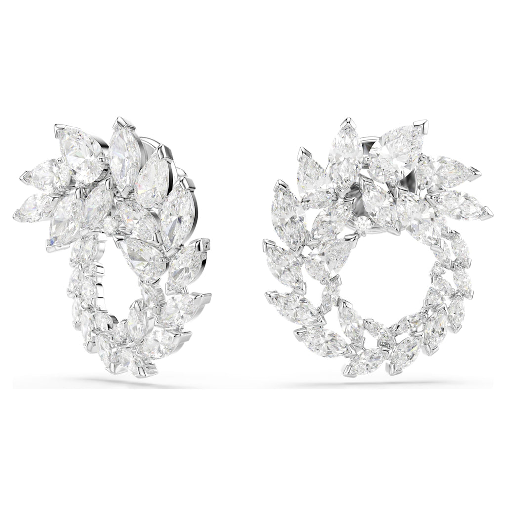 Swarovski Mesmera hoop earrings with white marquise-cut accents and rhodium plating