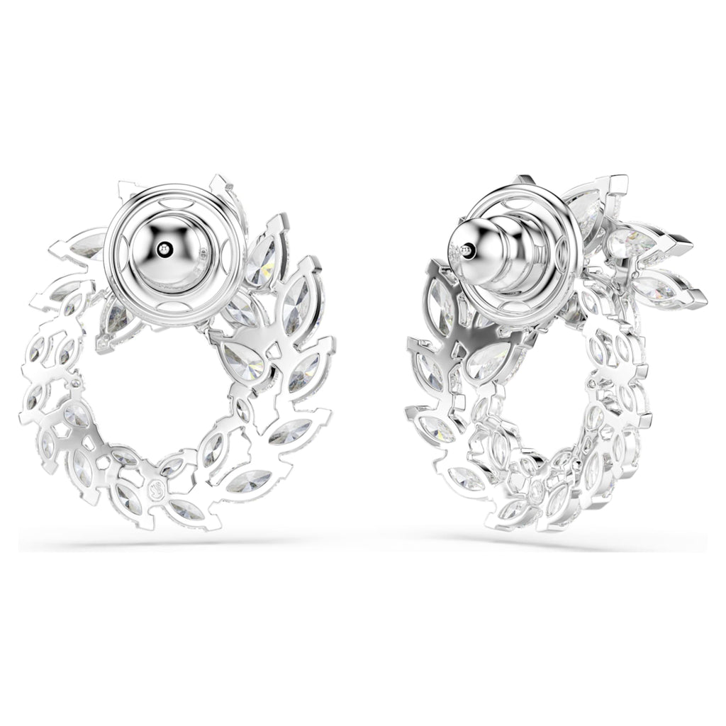 Swarovski Mesmera hoop earrings with white marquise-cut accents and rhodium plating