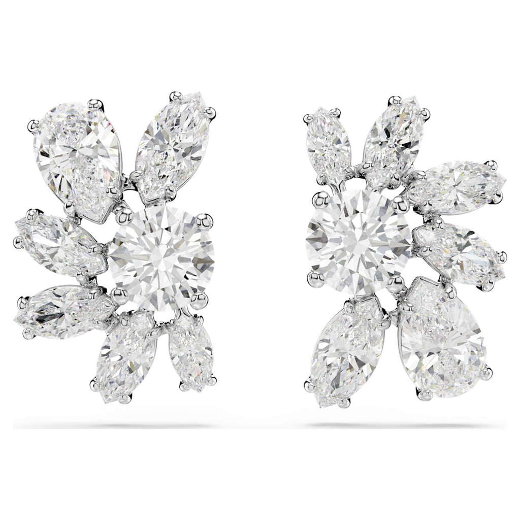 Swarovski Mesmera stud earrings featuring a flower motif with white mixed-cut accents and rhodium plating