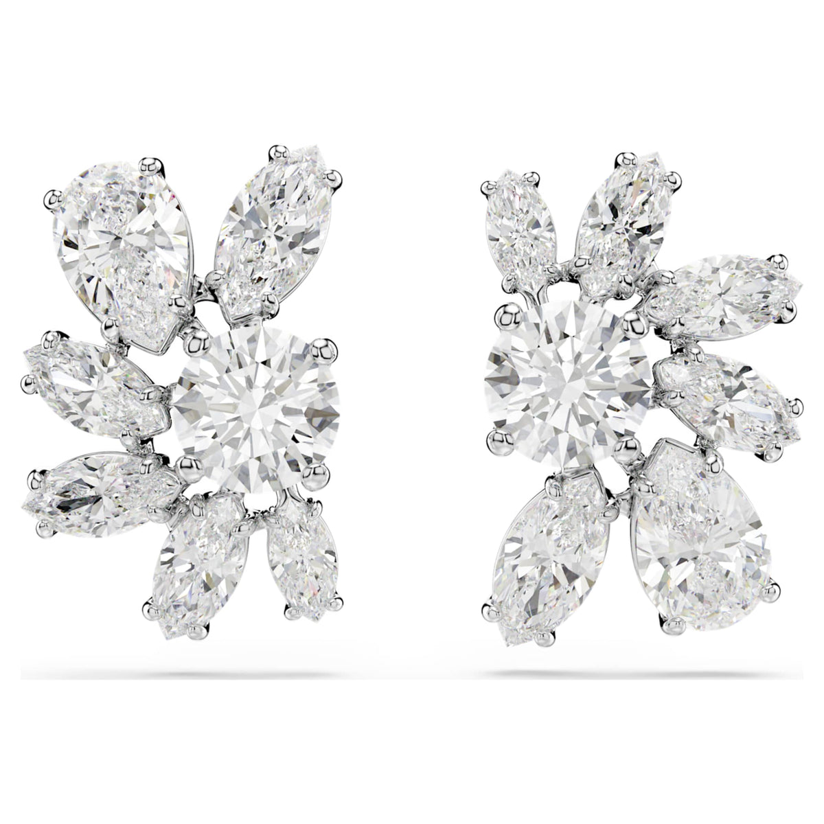 Swarovski Mesmera stud earrings featuring a flower motif with white mixed-cut accents and rhodium plating