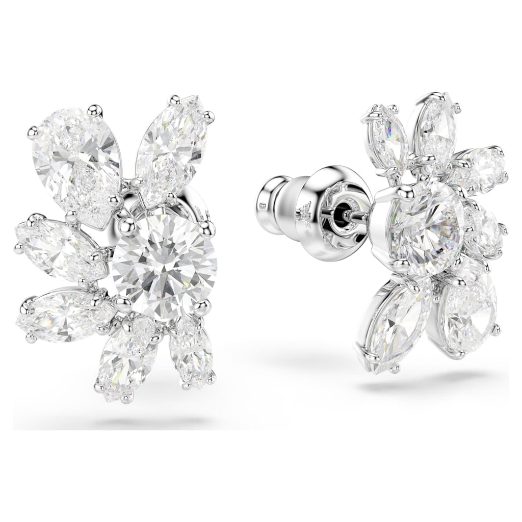 Swarovski Mesmera stud earrings featuring a flower motif with white mixed-cut accents and rhodium plating