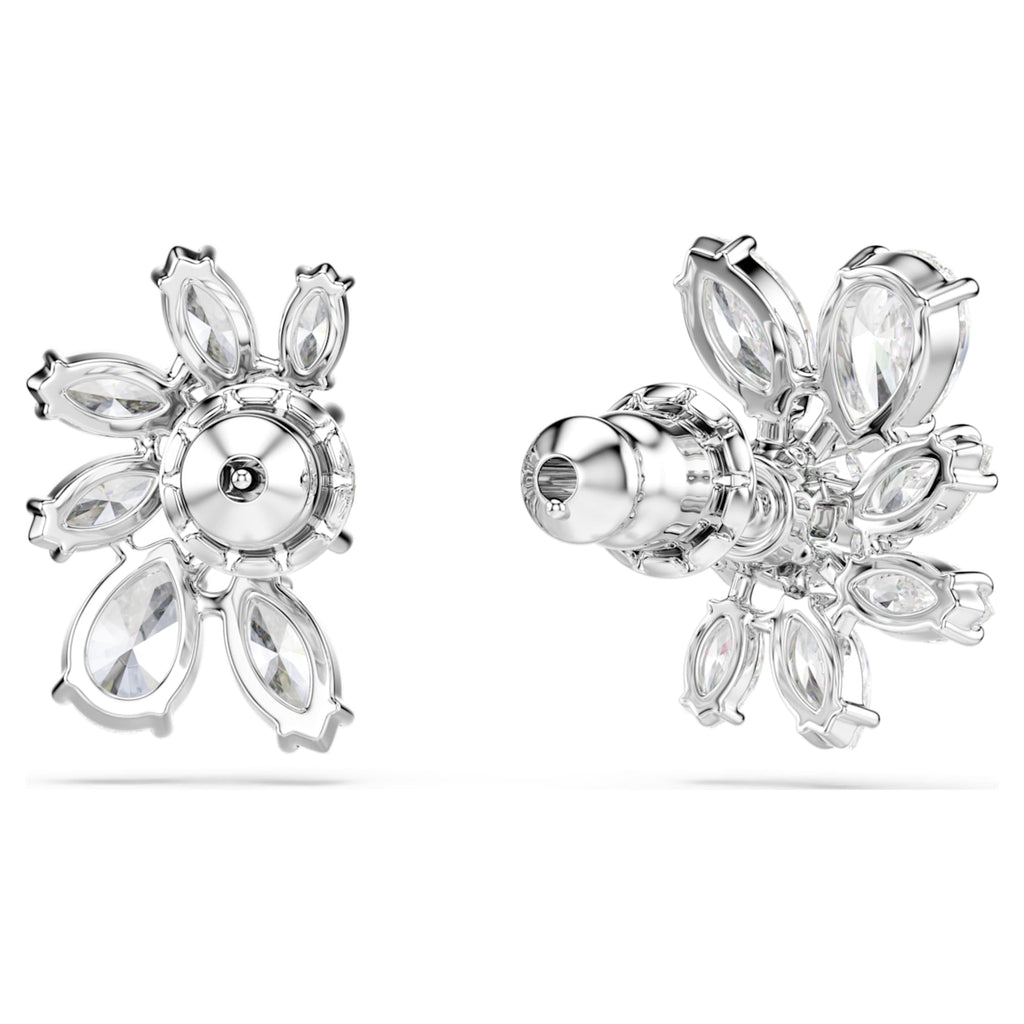 Swarovski Mesmera stud earrings featuring a flower motif with white mixed-cut accents and rhodium plating