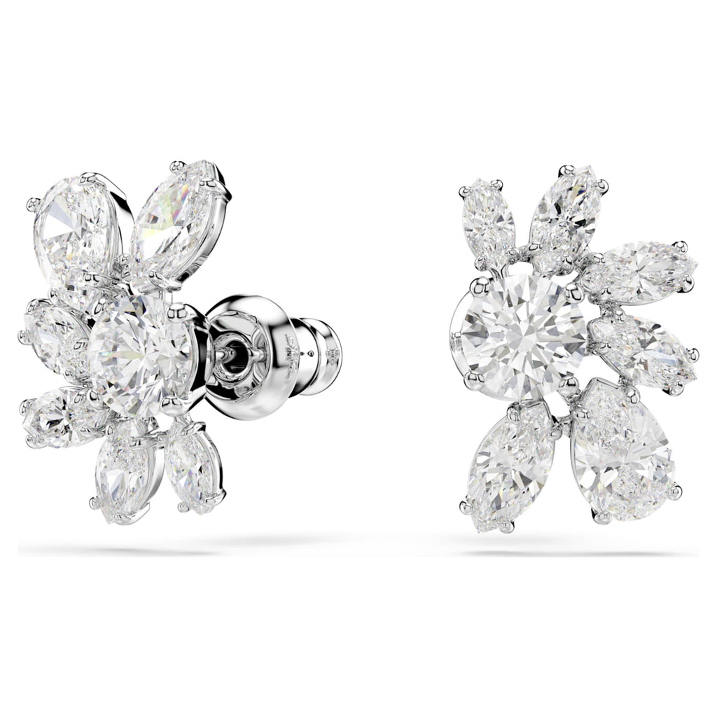 Swarovski Mesmera stud earrings featuring a flower motif with white mixed-cut accents and rhodium plating