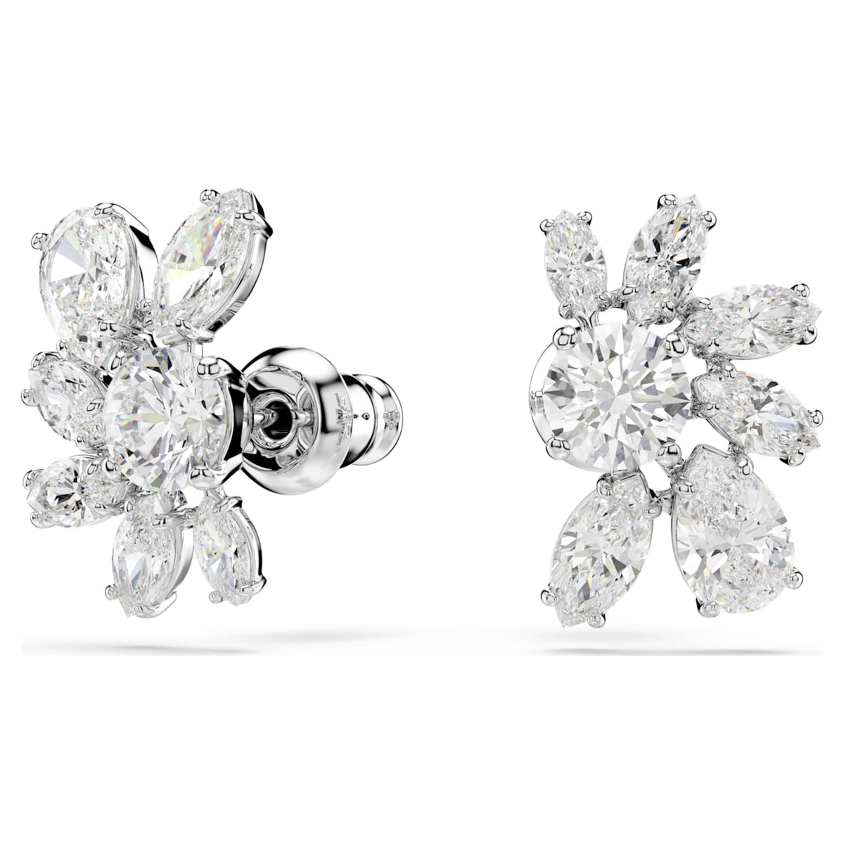 Swarovski Mesmera stud earrings featuring a flower motif with white mixed-cut accents and rhodium plating