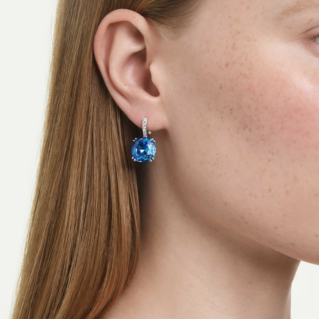 Swarovski Millenia drop earrings with green cushion-cut accents and an 18K gold finish