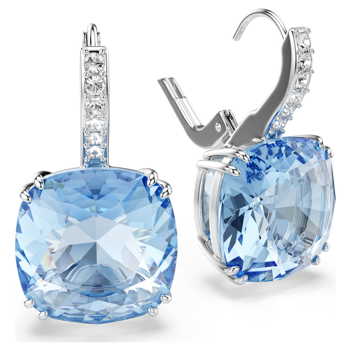 Swarovski Millenia drop earrings with blue cushion-cut accents and rhodium plating
