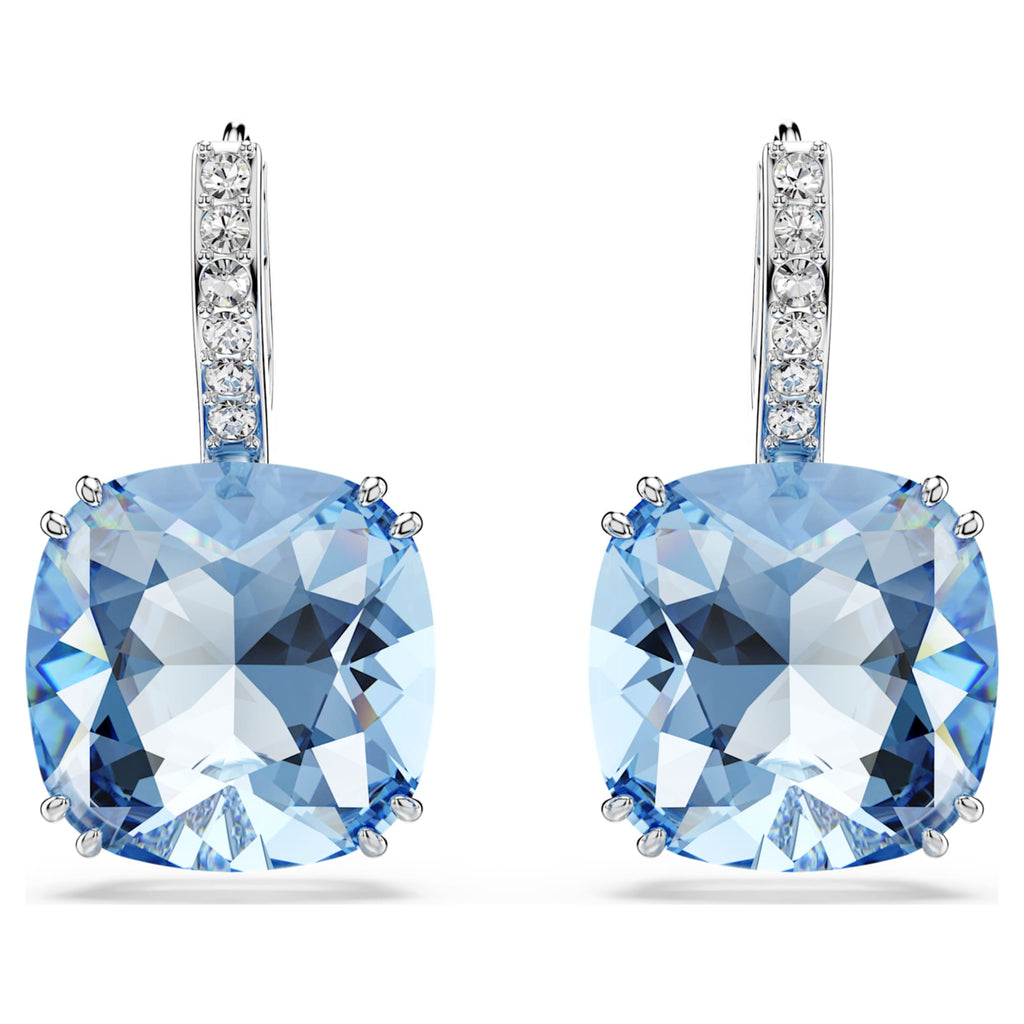 Swarovski Millenia drop earrings with blue cushion-cut accents and rhodium plating