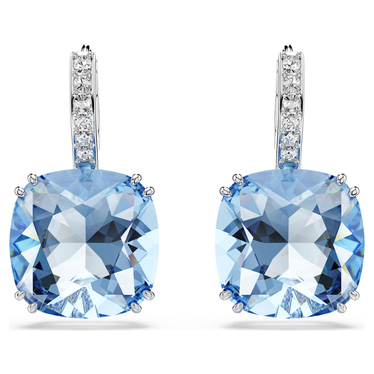 Swarovski Millenia drop earrings with blue cushion-cut accents and rhodium plating