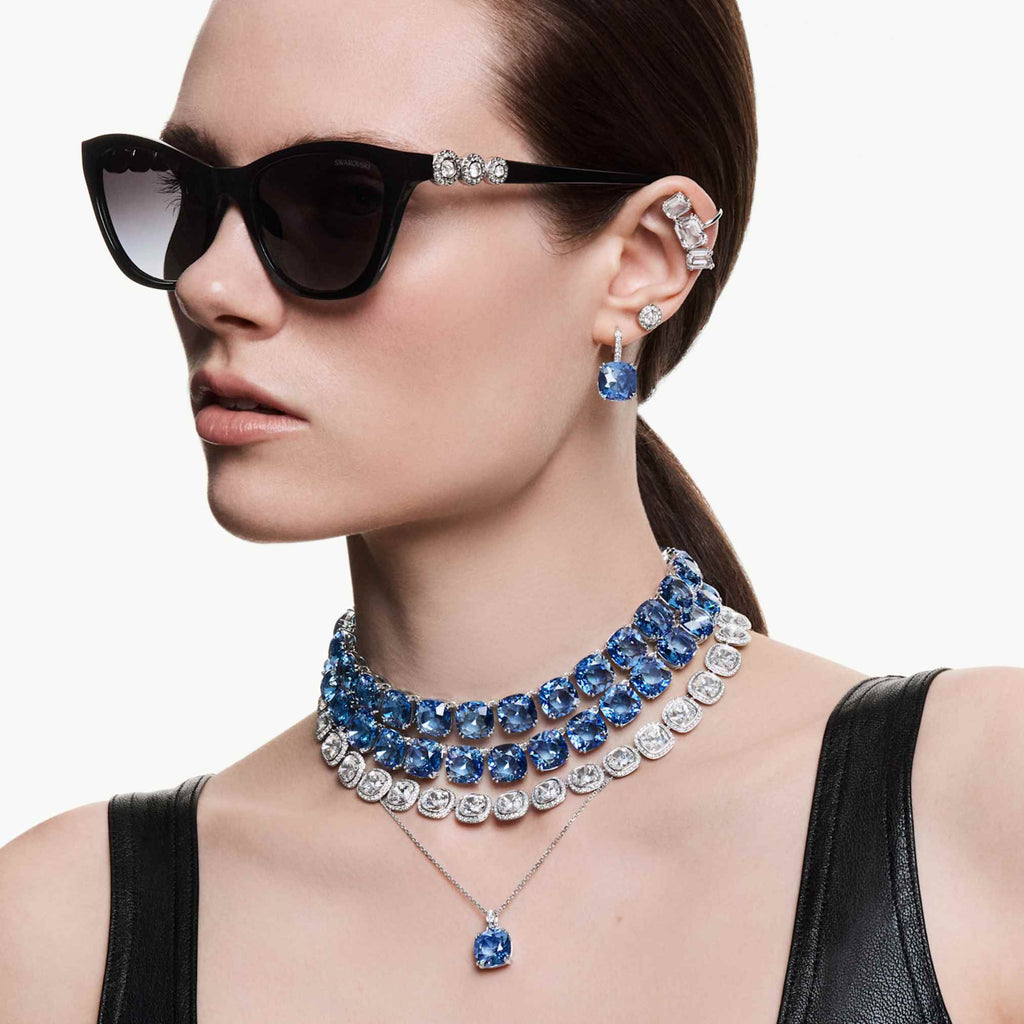 Swarovski Millenia drop earrings with blue cushion-cut accents and rhodium plating