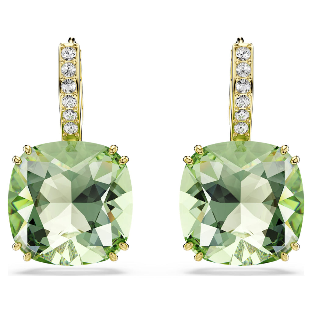 Swarovski Millenia drop earrings with green cushion-cut accents and an 18K gold finish