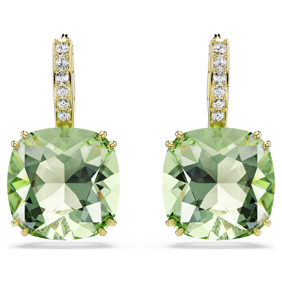 Swarovski Millenia drop earrings with green cushion-cut accents and an 18K gold finish