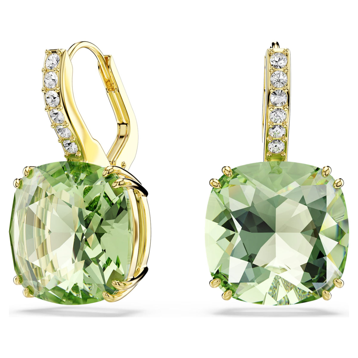 Swarovski Millenia drop earrings with green cushion-cut accents and an 18K gold finish