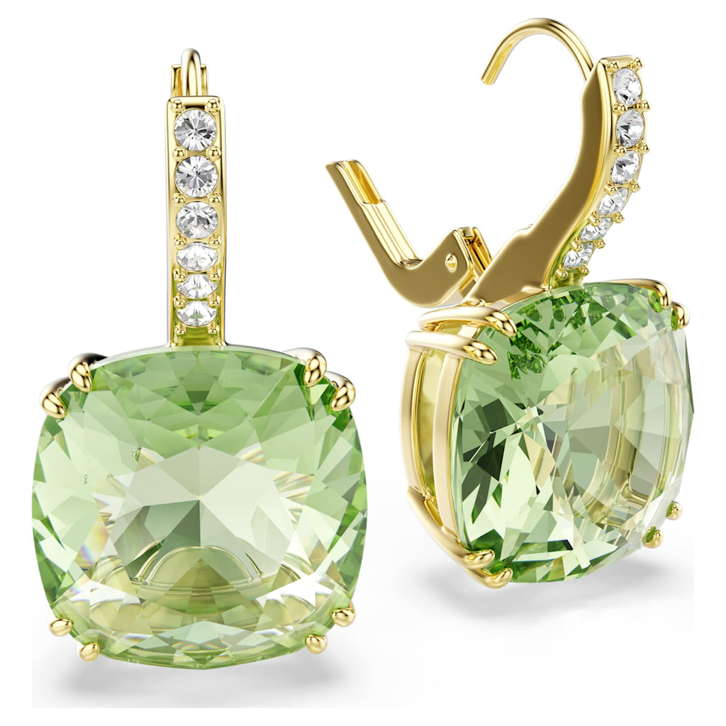 Swarovski Millenia drop earrings with green cushion-cut accents and an 18K gold finish